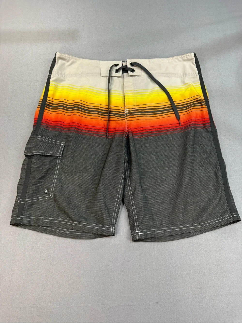Mossimo Supply Co. Black Boardshorts with Yellow-Orange-Red Sunset Stripe Y2K